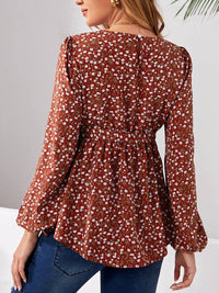 Pregnant women's shirt, floral print, long sleeved round neck button up waist belt, ruffled edge top