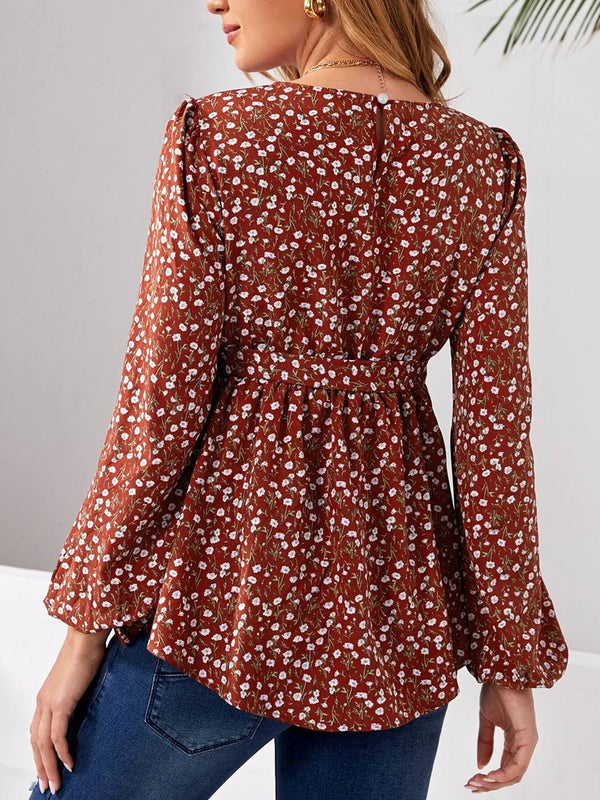Pregnant women's shirt, floral print, long sleeved round neck button up waist belt, ruffled edge top