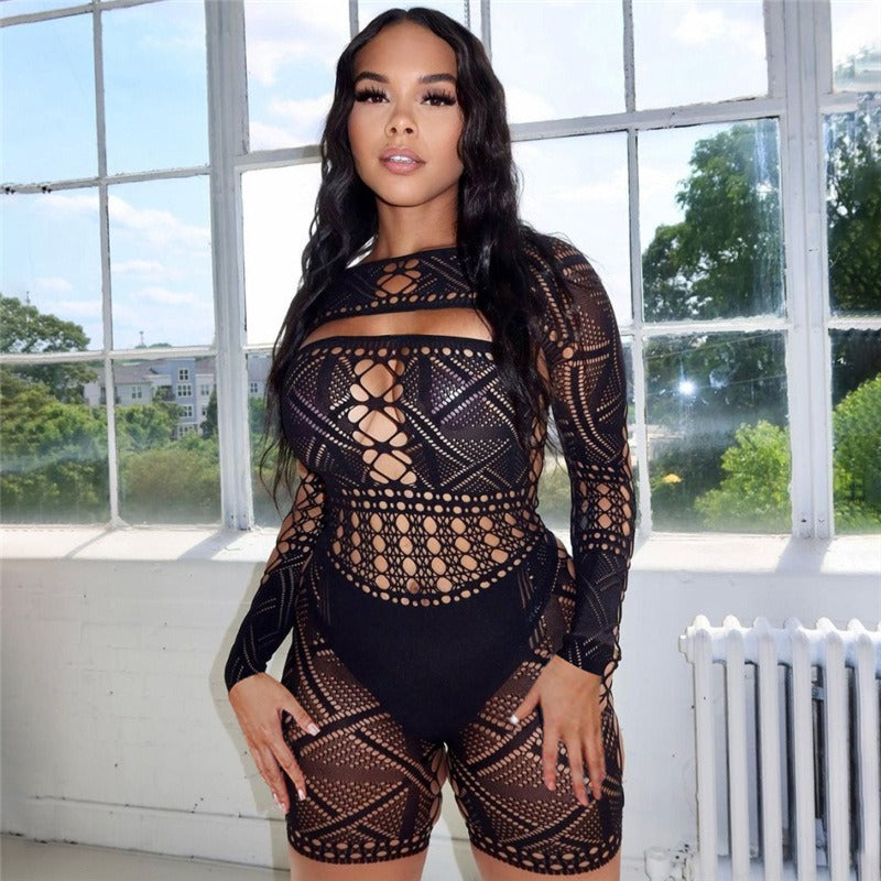 Sexy hollow lace perspective high waisted tight knit jumpsuit shorts for women