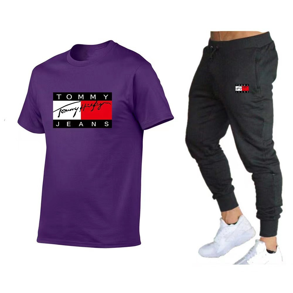 طقم تي شيرت قطني رياضي عصري بأكمام قصيرة، طقم تي شيرت للياقة البدنية للجنسين