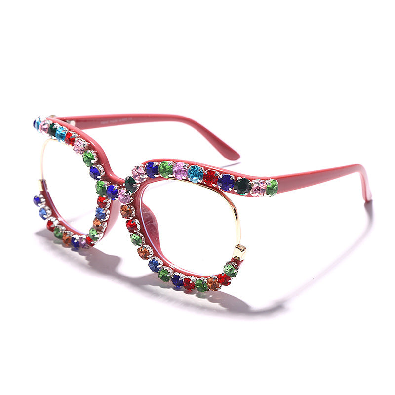 New Personality Luxury Colored Diamond Sunglasses Large Frame Round Fashion Trend Flat Light Sunglasses