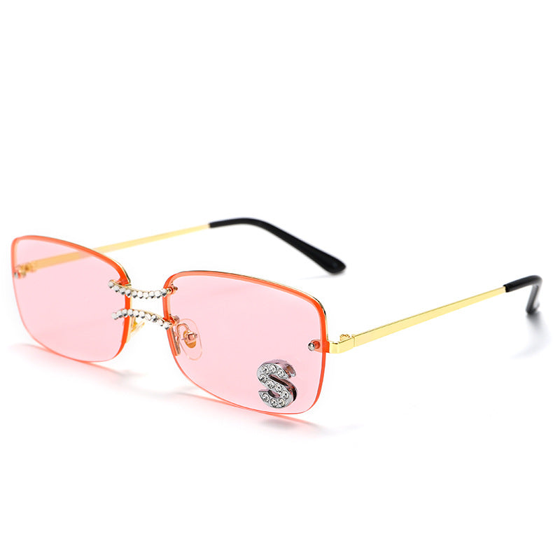 New Hong Kong Style Square Fashion Double Nose Bridge Frameless Metal Sunglasses Hip-Hop Style Ocean Piece Letter S Diamond Sunglasses