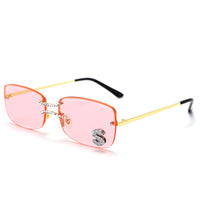 New Hong Kong Style Square Fashion Double Nose Bridge Frameless Metal Sunglasses Hip-Hop Style Ocean Piece Letter S Diamond Sunglasses