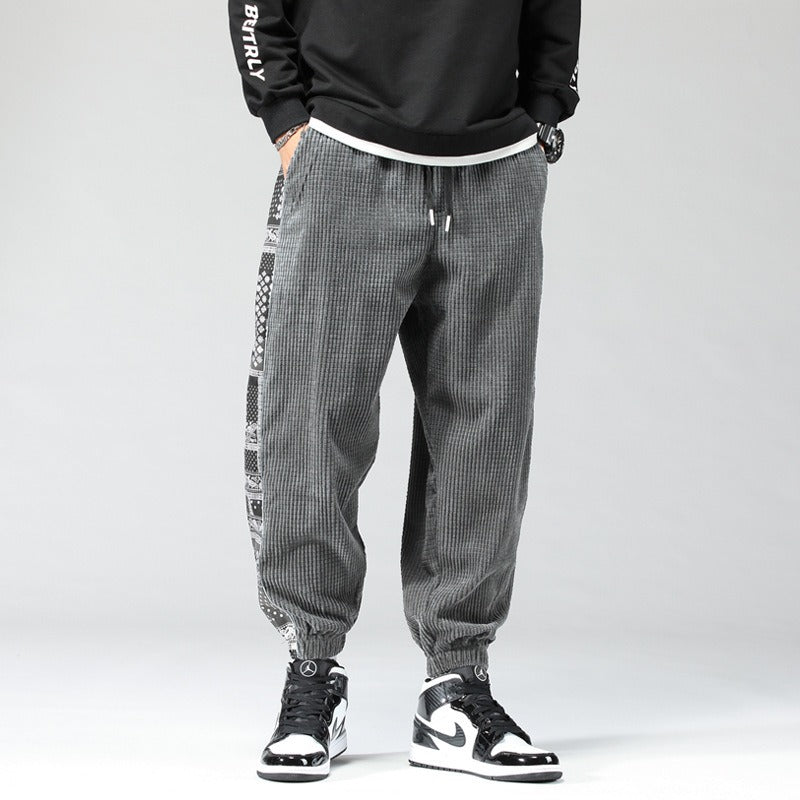 Chinese style China-Chic corduroy trousers for men's casual trousers with waist and fruit flower stitching Japanese men's trouse