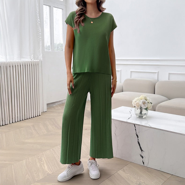 Spring and summer European and American women's clothing temperament casual solid color sweater set