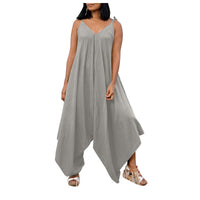 Fashionable solid color suspender backless V-neck sleeveless loose wide leg pants multi-color jumpsuit