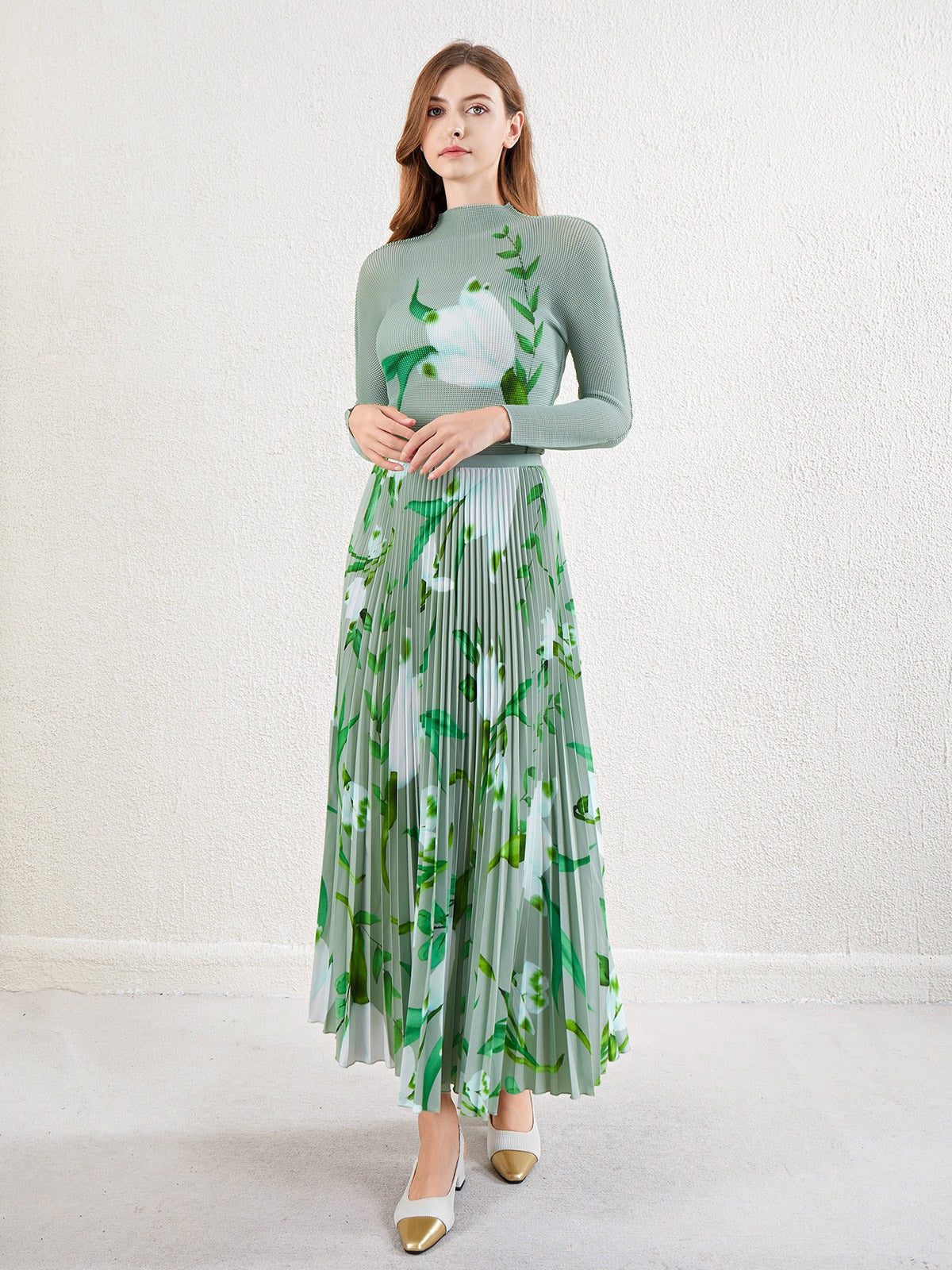 طقم مكون من قطعتين بنصف تنورة، طقم تنورة نسائية مطبوعة بأكمام طويلة