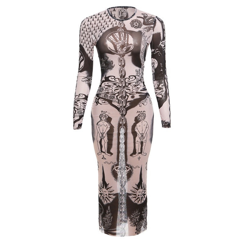 Trendy and Personalized Street Digital Print High Waist Perspective Dress for Women