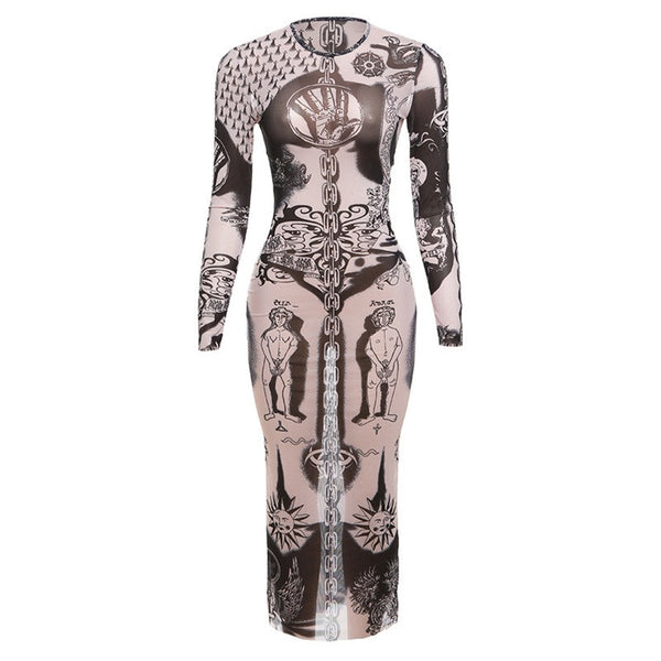 Trendy and Personalized Street Digital Print High Waist Perspective Dress for Women