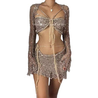 Women's fashion long sleeved woolen short skirt with exposed navel T-shirt split three piece set