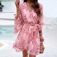 Ladies' elegant spring and summer temperament printed lace up dress