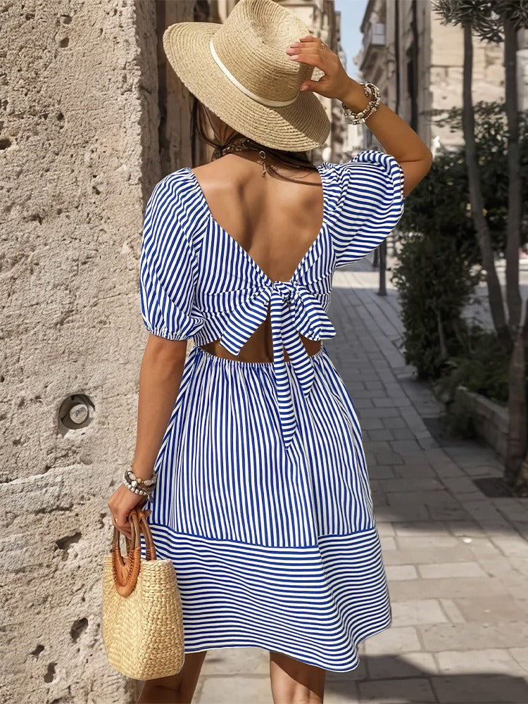 New European and American Summer Women's Navy Style Striped Small Square Neck Dress