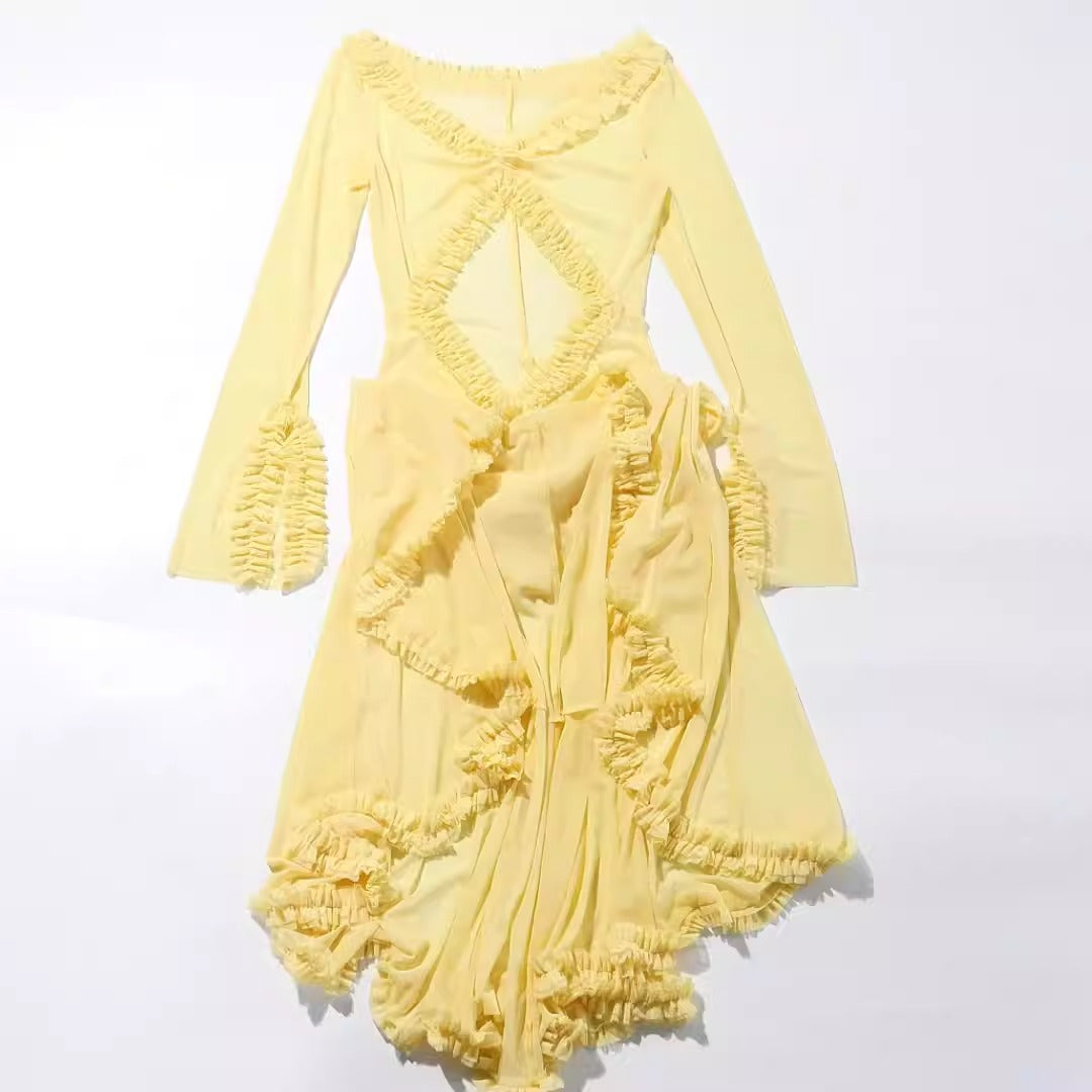 New Solid Color Long Sleeve Perspective Low cut Sexy Dress