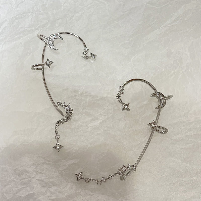 Minimally designed micro inlaid star moon ear hook with super sparkling chain and ear hole free ear clip