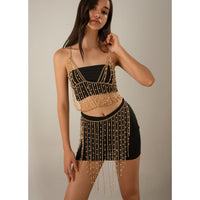 Fashionable electroplated metal aluminum chain geometric set clothing with simple tassel imitation pearl waist chain