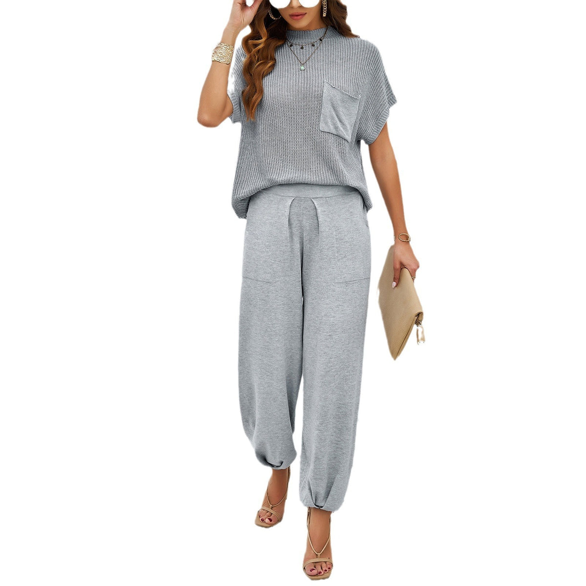 Women's Spring/Summer Elegance Casual Solid Color Woolen Knitted Pants Set