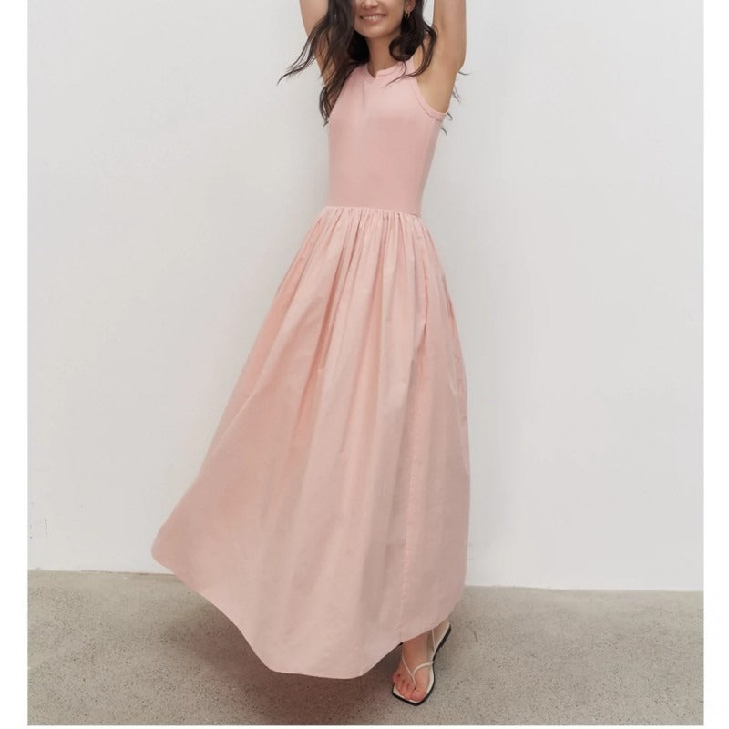 Slim fit sleeveless vest dress, knitted patchwork long skirt for women