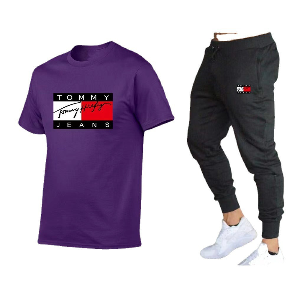 طقم تي شيرت قطني رياضي عصري بأكمام قصيرة، طقم تي شيرت للياقة البدنية للجنسين