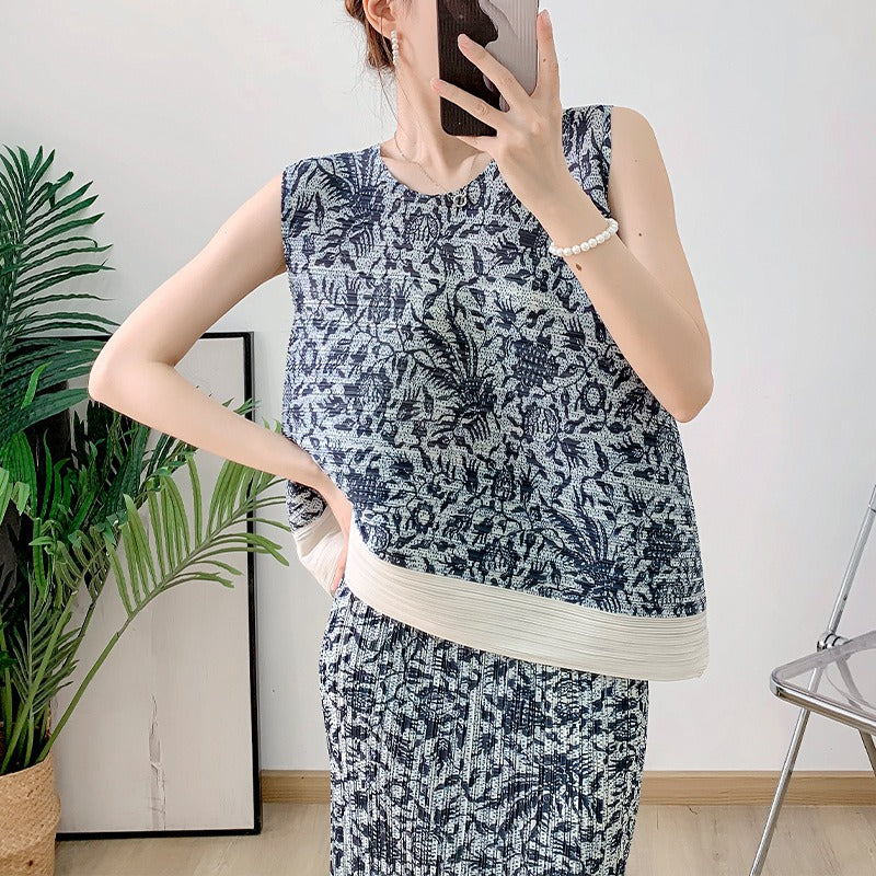 Blue printed pleated irregular vest+straight half skirt two-piece summer new fashion set for women