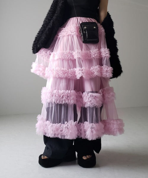 Japanese style half length skirt for women with anti glare three-layer handmade patchwork mesh A-line skirt