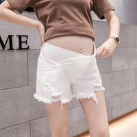 Pregnant women's denim shorts with torn holes on the outside in summer, casual and thin summer pants with wide legs and belly support for early pregnancy