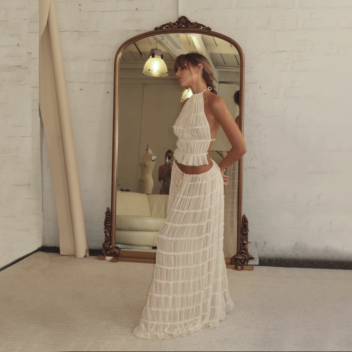 Open back lace up neck top set with wooden ear edge chiffon pleated long skirt two-piece set