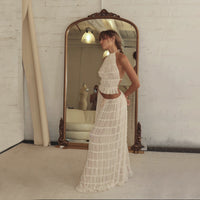 Open back lace up neck top set with wooden ear edge chiffon pleated long skirt two-piece set