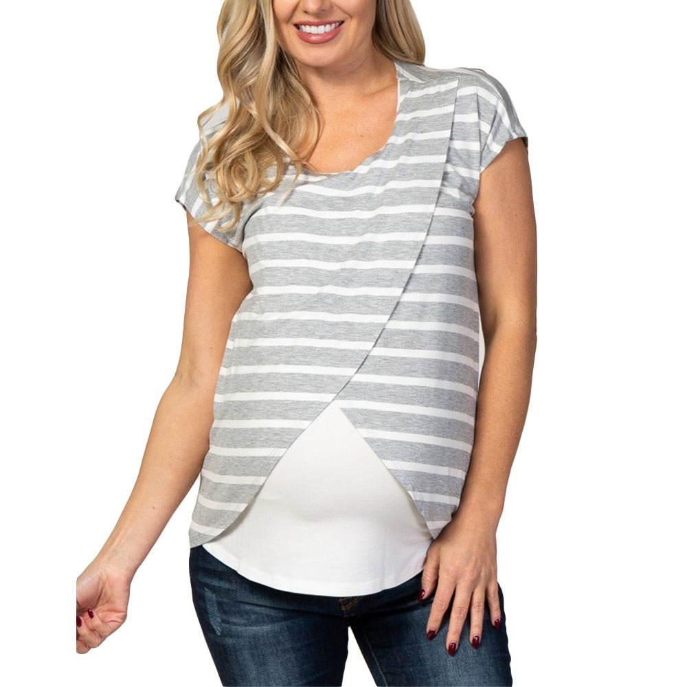 Pre - and post pregnancy maternity striped patchwork multi-layer wrap breastfeeding top