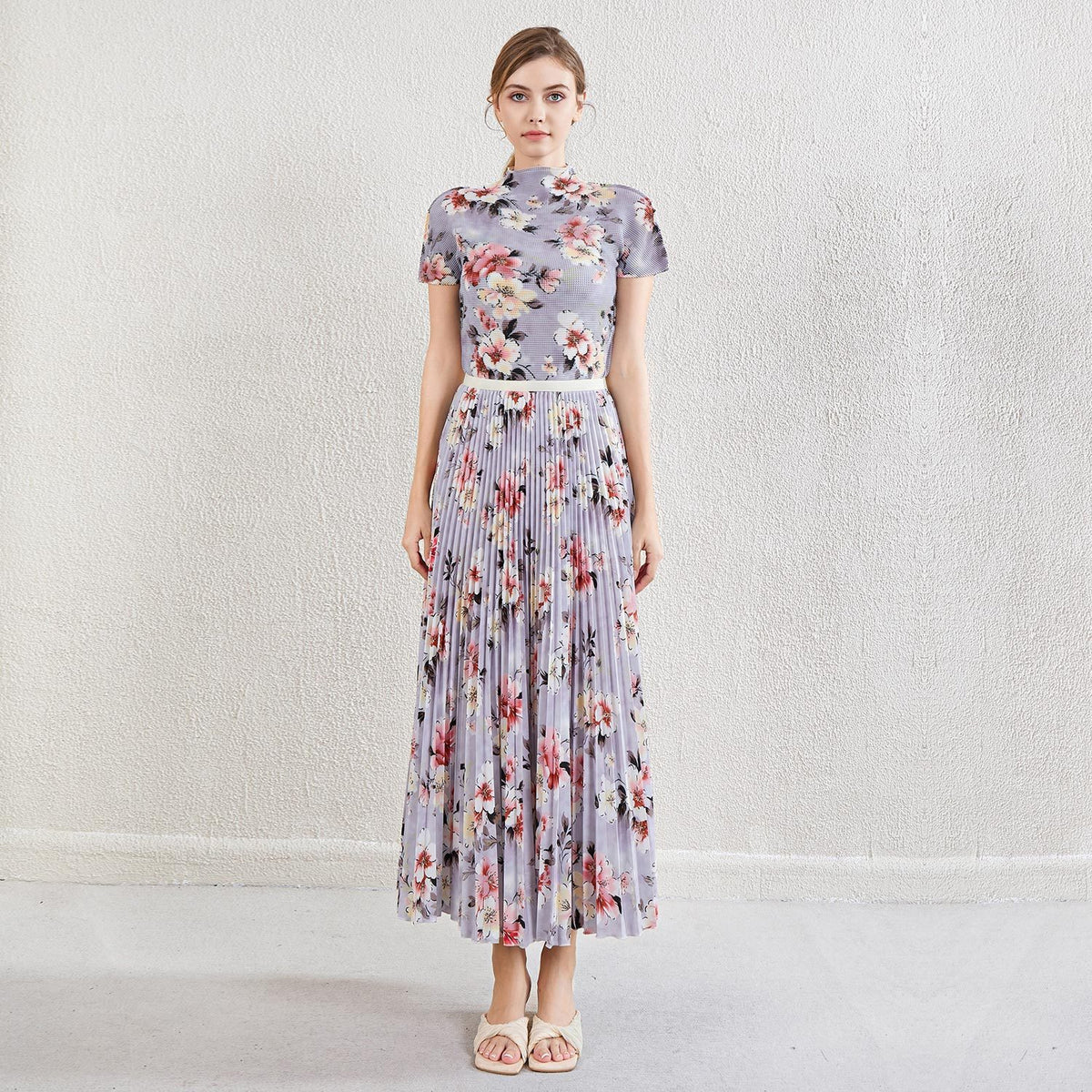 Printed pleated top age reducing skirt high waisted large hem skirt women's suit