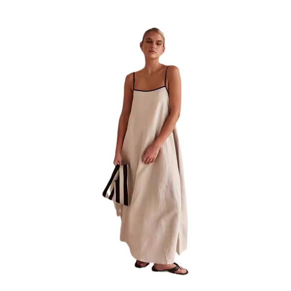 Fashionable contrasting color cotton leprosy suspender large hem dress