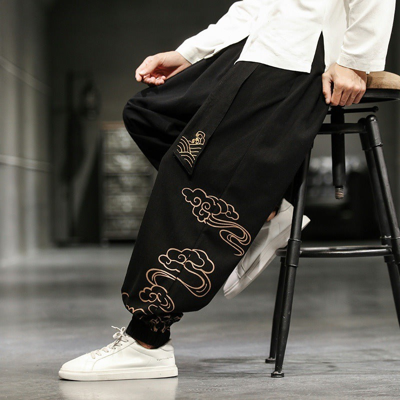 Spring and Autumn men's Chinese style minimalist printed leggings, wide leg oversized embroidered lantern pants